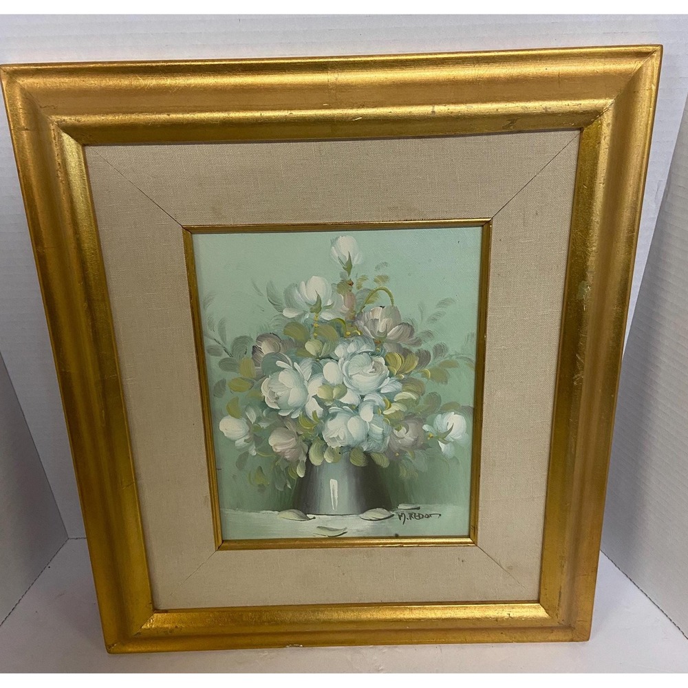 Vintage Oil Painting Signed M. Redon Decorative Gold Plated Frame 15.5x17